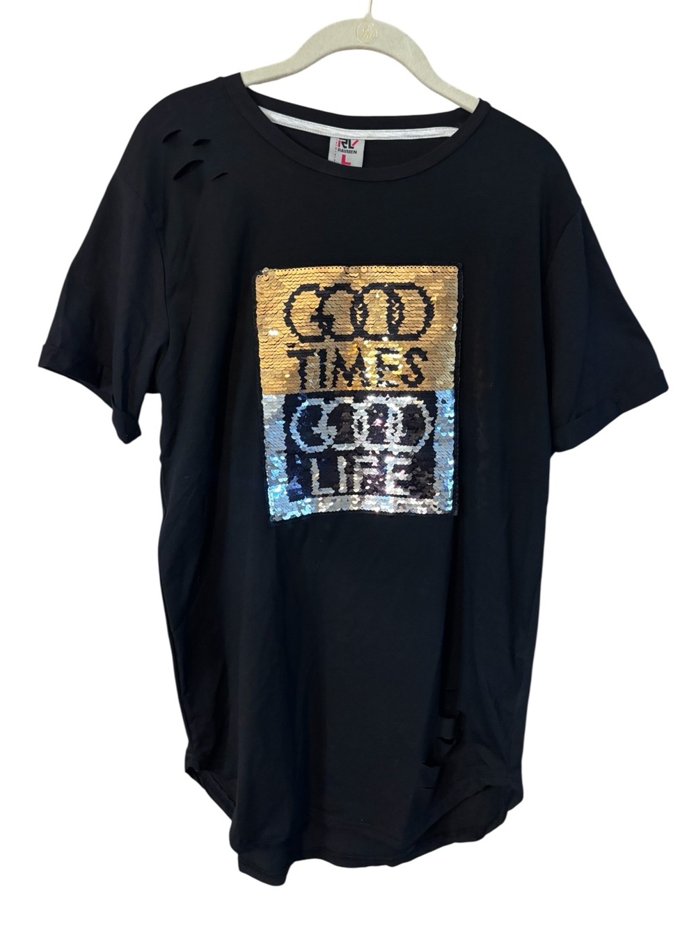 NWT Ravmen Tee Large Black Short Sleeve Sequins Graphic 'Good Times Good Life'